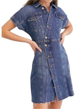 Free People The City Denim Mini Dress Button Short Sleeve Size XS